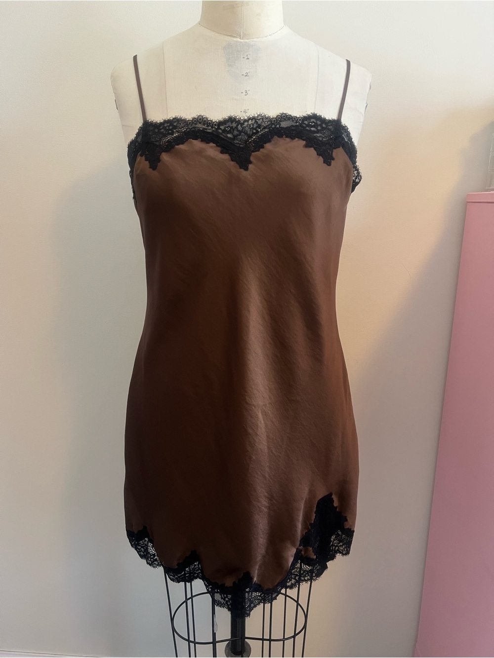 Abercrombie & Fitch Brown Satin Slip Mini Dress with Black Lace Trim